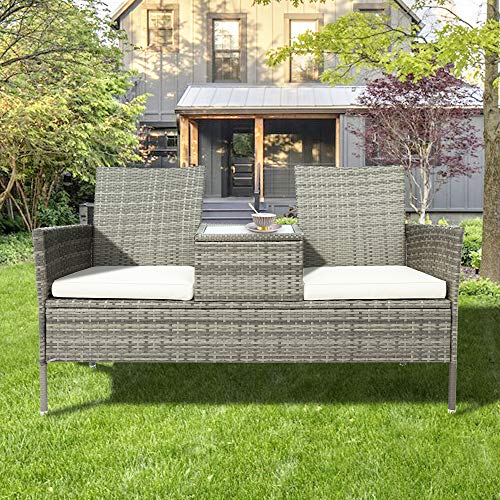 WYLZLIY-Home Set Mobili da Giardino Set Mobili da Esterno Mobili da Giardino Set Divano Divano Confortevole Panca in Rattan con Tavolo in Vetro 2 Posti con Cuscini per Giardini Terrazze Balconi