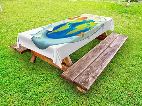 ABAKUHAUS Giorno della Terra Tovaglia da Esterno, Grafiche Globe Nuvole, Tovaglia da Picnic Lavabile Decorativa, 145 cm x 210 cm, Pallido Giallo Verde Giallo