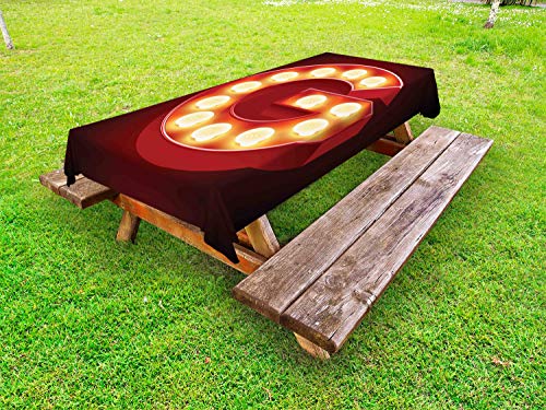 ABAKUHAUS Vecchia Lampada Alphabet Tovaglia da Esterno, G Lettera lampadine, Tovaglia da Picnic Lavabile Decorativa, 145 cm x 265 cm, Borgogna Vermilion e Crema
