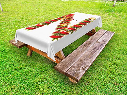 ABAKUHAUS Christmas Alphabet Tovaglia da Esterno, N Icona Lettera, Tovaglia da Picnic Lavabile Decorativa, 145 cm x 305 cm, Pearl e Verde Oliva