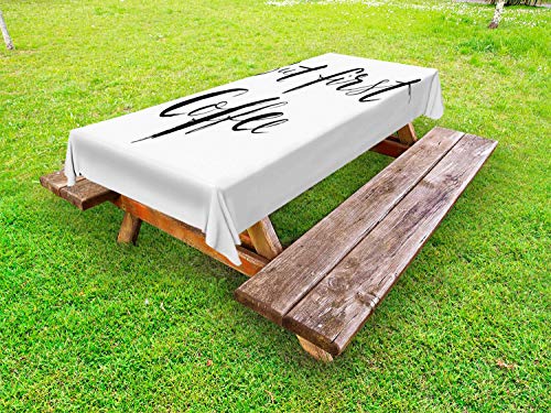 ABAKUHAUS Ma Primo caffè Tovaglia da Esterno, Spazzola di Arte Scritto, Tovaglia da Picnic Lavabile Decorativa, 145 cm x 305 cm, Charcoal Grey And White