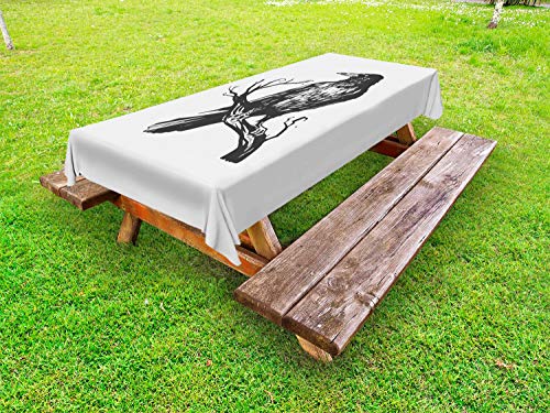 ABAKUHAUS Corvo Nero Tovaglia da Esterno, Bird on Bare Ramo d'Arte, Tovaglia da Picnic Lavabile Decorativa, 145 cm x 265 cm, Charcoal Grigio Chiaro Grigio