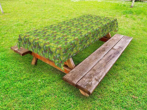 ABAKUHAUS Floreale Tovaglia da Esterno, Bacche Foglie e Fiori, Tovaglia da Picnic Lavabile Decorativa, 145 cm x 210 cm, Lime Green Multicolor