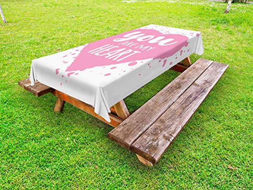 ABAKUHAUS Vintage Valentine Tovaglia da Esterno, Sei Il Mio Cuore, Tovaglia da Picnic Lavabile Decorativa, 145 cm x 305 cm, Rosa e Bianco