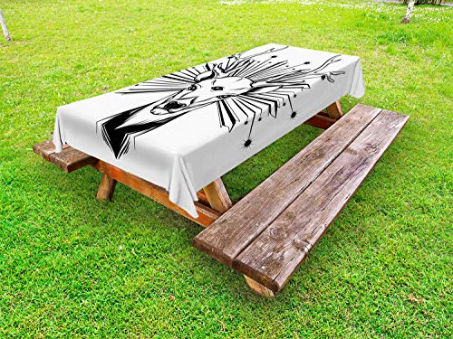 ABAKUHAUS Caccia dei Cervi Tovaglia da Esterno, Elk Third Eye Occult, Tovaglia da Picnic Lavabile Decorativa, 145 cm x 265 cm, Charcoal Grey And White