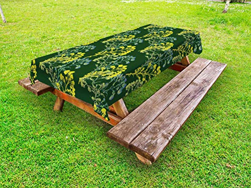 ABAKUHAUS Botanica Tovaglia da Esterno, Filiali Helichrysum Yarrow, Tovaglia da Picnic Lavabile Decorativa, 145 cm x 210 cm, Hunter Verde Giallo