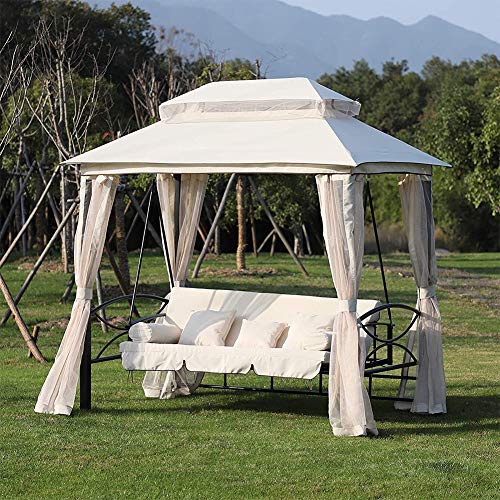 ZYFWBDZ Letto trasformabile a Dondolo, 3 posti Amaca Gazebo Patio Panca Ammortizzata Seduta Tende a Rete 245 x 165 x 243 CM