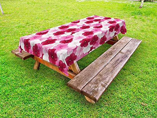 ABAKUHAUS Floreale Tovaglia da Esterno, Fiore Malva Fiore Comune, Tovaglia da Picnic Lavabile Decorativa, 145 cm x 305 cm, Rosa Lampone Bianco
