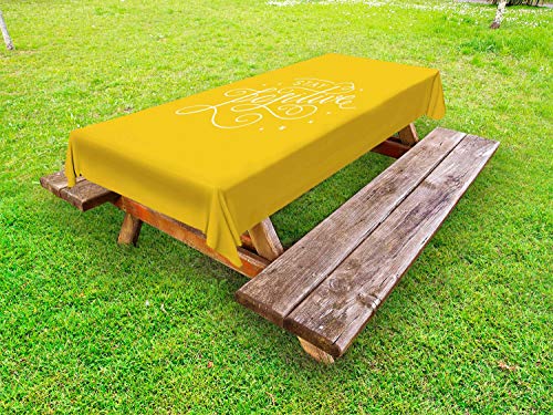 ABAKUHAUS Energia positiva Tovaglia da Esterno, Frase Minimal, Tovaglia da Picnic Lavabile Decorativa, 145 cm x 265 cm, Terra Giallo e Bianco