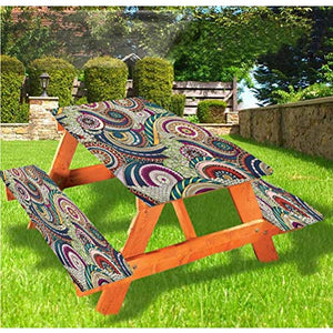 Batik - Tovaglia da picnic e panchina con motivo floreale, con bordo elastico, 60 x 72 cm, set da 3 pezzi per campeggio, sala da pranzo, all'aperto, parco, patio