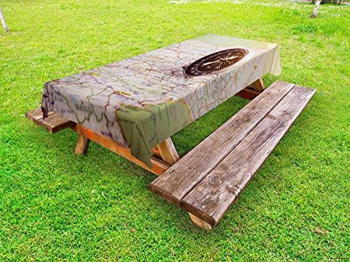ABAKUHAUS Bussola Tovaglia da Esterno, Attrezzature Naviga sulla Mappa, Tovaglia da Picnic Lavabile Decorativa, 145 cm x 265 cm, Multicolore