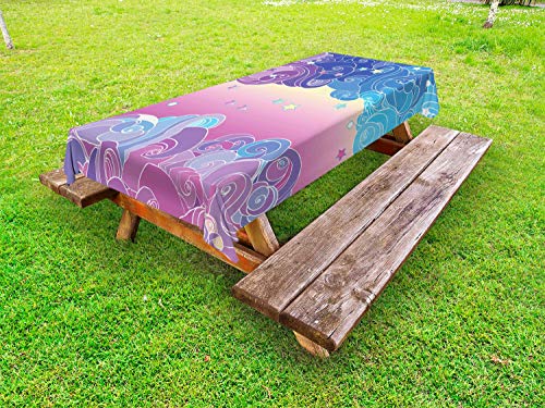 ABAKUHAUS Pazzo d'Arte Tovaglia da Esterno, Nuvole e Stelle, Tovaglia da Picnic Lavabile Decorativa, 145 cm x 305 cm, Multicolore