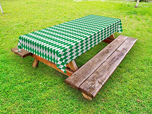 ABAKUHAUS Geometria Astratta Tovaglia da Esterno, Argyle Correlati, Tovaglia da Picnic Lavabile Decorativa, 145 cm x 305 cm, Verde e Bianco