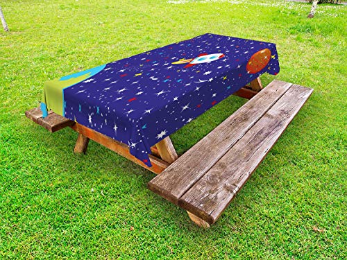 ABAKUHAUS Spazio Tovaglia da Esterno, Pianeti Rocket Starry, Tovaglia da Picnic Lavabile Decorativa, 145 cm x 305 cm, Indigo Multicolor