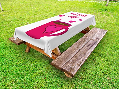 ABAKUHAUS Ma Primo caffè Tovaglia da Esterno, Il Testo e Cuori, Tovaglia da Picnic Lavabile Decorativa, 145 cm x 265 cm, Hot Pink Scuro Cocoa