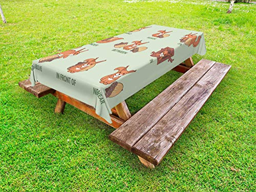 ABAKUHAUS Scoiattolo Tovaglia da Esterno, Educational preposizioni, Tovaglia da Picnic Lavabile Decorativa, 145 cm x 210 cm, Pale Green Scuro Peach
