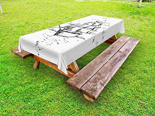 ABAKUHAUS Vintage Tattoo Nautical Tovaglia da Esterno, Barca a Vela Sketch, Tovaglia da Picnic Lavabile Decorativa, 145 cm x 210 cm, Charcoal Grey Bianco
