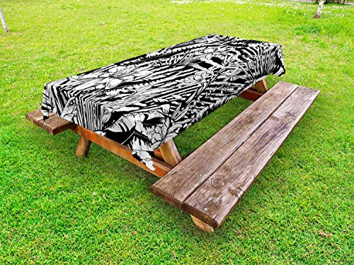 ABAKUHAUS Bianco e Nero Floral Tovaglia da Esterno, Giungla, Tovaglia da Picnic Lavabile Decorativa, 145 cm x 265 cm, Bianco e Nero