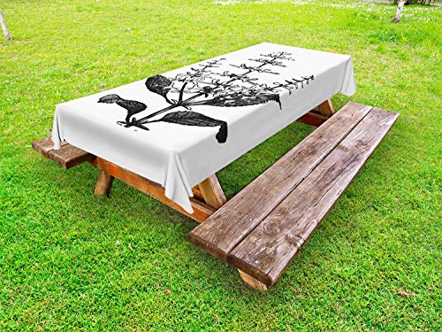 ABAKUHAUS Vintage Botanica Tovaglia da Esterno, Singolo biologici basilico, Tovaglia da Picnic Lavabile Decorativa, 145 cm x 265 cm, Charcoal Grey And White