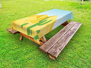 ABAKUHAUS Duna Tovaglia da Esterno, Deserto con Cactus Piante, Tovaglia da Picnic Lavabile Decorativa, 145 cm x 210 cm, Pale Blue Senape Verde