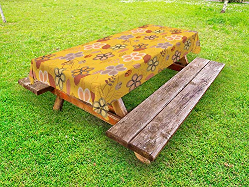 ABAKUHAUS Floreale Tovaglia da Esterno, Astratte Botanica Flora Foglie, Tovaglia da Picnic Lavabile Decorativa, 145 cm x 210 cm, Terra Giallo Multicolor