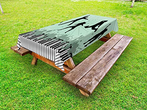 ABAKUHAUS Silhouette Tovaglia da Esterno, Jumping Persone Pianoforte, Tovaglia da Picnic Lavabile Decorativa, 145 cm x 265 cm, Grigio Verde Mandorla