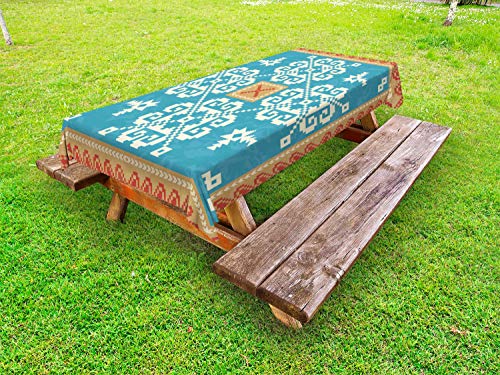 ABAKUHAUS Popolare Tovaglia da Esterno, Nordic Style Piazza Ornament, Tovaglia da Picnic Lavabile Decorativa, 145 cm x 305 cm, Blue Sea Sand Brown