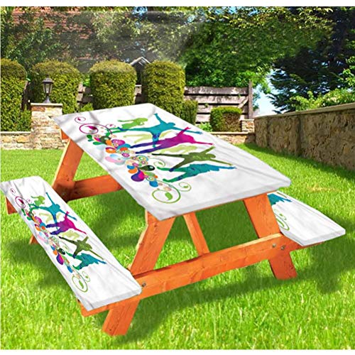 LEWIS FRANKLIN Tenda da doccia per bambini con tavolo da picnic e panchina, tovaglia con bordo elastico, motivo floreale, 60 x 72 cm, set da 3 pezzi per tavolo pieghevole