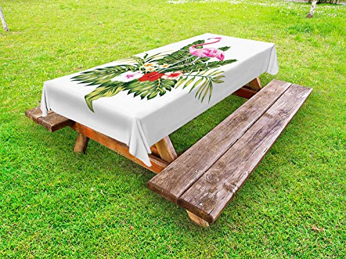 ABAKUHAUS Vintage Palm Tovaglia da Esterno, Flamingo e Fiori, Tovaglia da Picnic Lavabile Decorativa, 145 cm x 305 cm, Bianco e Multicolore