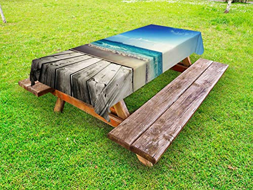 ABAKUHAUS Legno Rustico Tovaglia da Esterno, Esposto alle intemperie Beach Waves, Tovaglia da Picnic Lavabile Decorativa, 145 cm x 210 cm, Blue Sea Umber Dusk