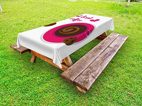 ABAKUHAUS Ma Primo caffè Tovaglia da Esterno, Top View Cookies, Tovaglia da Picnic Lavabile Decorativa, 145 cm x 305 cm, Bianco Rosa Marrone
