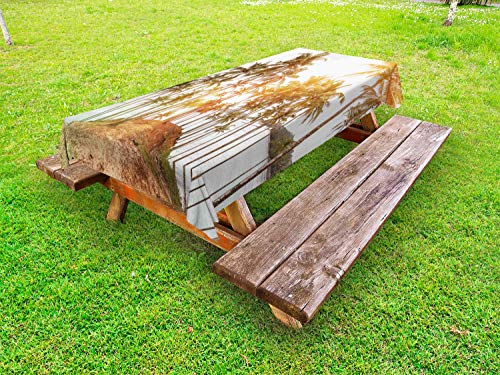 ABAKUHAUS Fiji Tovaglia da Esterno, Raggi di Sole Colpire un'isola, Tovaglia da Picnic Lavabile Decorativa, 145 cm x 265 cm, Giallo Fawn