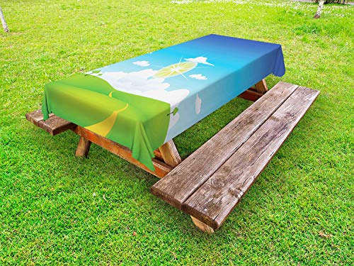 ABAKUHAUS Paesaggio Tovaglia da Esterno, Collina Erba Sole e Nuvole, Tovaglia da Picnic Lavabile Decorativa, 145 cm x 210 cm, Azure Blue Lime Verde