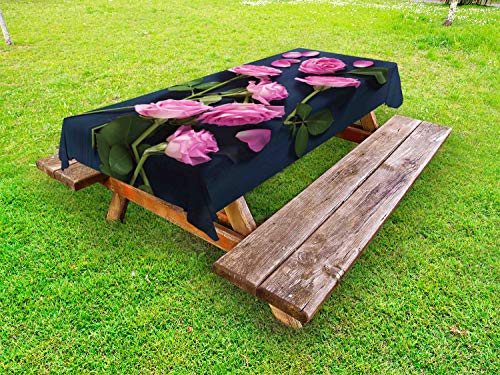 ABAKUHAUS Romantico Tovaglia da Esterno, Roses Foglie sulle filiali, Tovaglia da Picnic Lavabile Decorativa, 145 cm x 265 cm, Notte Rosa Blu Verde