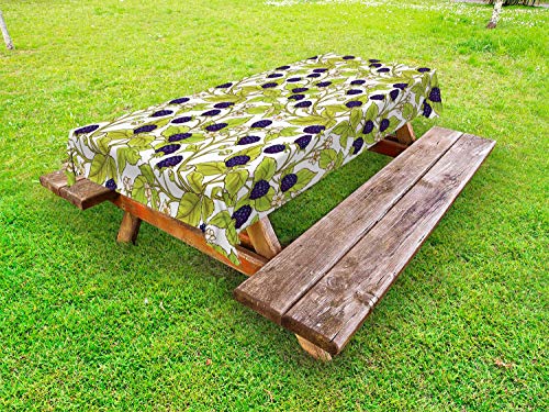 ABAKUHAUS Foresta Tovaglia da Esterno, Frutta Mora Selvatica Foglia, Tovaglia da Picnic Lavabile Decorativa, 145 cm x 210 cm, Dark Purple Giallo Verde
