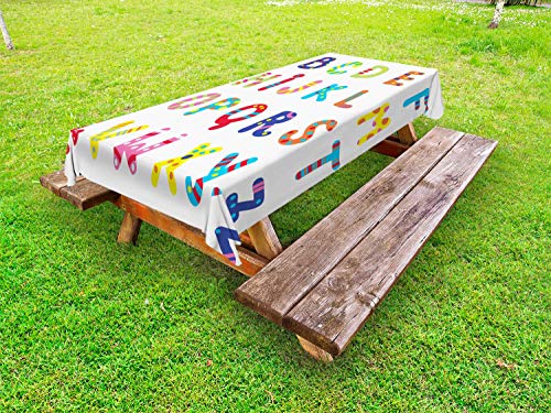 ABAKUHAUS Alfabeto Tovaglia da Esterno, Divertenti Lettere Colorate, Tovaglia da Picnic Lavabile Decorativa, 145 cm x 210 cm, Bianco Multicolor