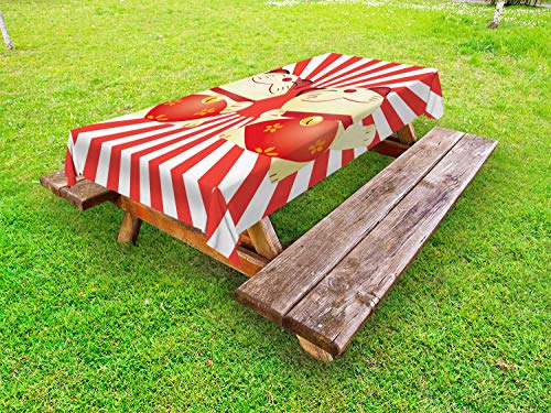 ABAKUHAUS Cat Giapponese Tovaglia da Esterno, Playful fortunati Gatti, Tovaglia da Picnic Lavabile Decorativa, 145 cm x 305 cm, Scuro Coral Crema