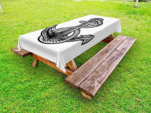 ABAKUHAUS Vintage Tattoo Nautical Tovaglia da Esterno, Monochrome Anchor, Tovaglia da Picnic Lavabile Decorativa, 145 cm x 210 cm, Charcoal Grey And White