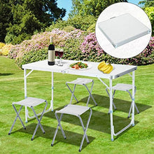 BAKAJI Tavolo Camper Campeggio Picnic Alluminio Pieghevole a Valigetta per Spiaggia o Giardino, Dimensioni 120 x 60 x 70cm, con 4 Sgabelli Pieghevoli, Richiudibile a Valigetta
