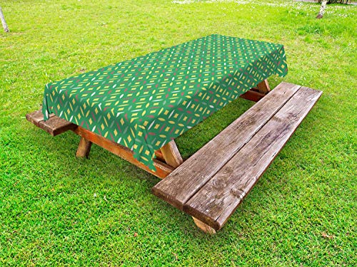 ABAKUHAUS Astratto Tovaglia da Esterno, Circles ritmiche Piazze, Tovaglia da Picnic Lavabile Decorativa, 145 cm x 210 cm, Felce Verde e Senape