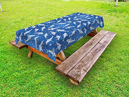 ABAKUHAUS Squalo Tovaglia da Esterno, Sorridente Carnivore Motivi Art, Tovaglia da Picnic Lavabile Decorativa, 145 cm x 305 cm, Blue Sea Pallido Ceil Blu