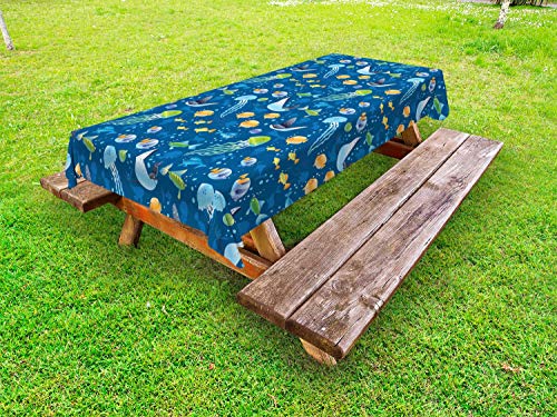 ABAKUHAUS sotto Il Mare Tovaglia da Esterno, Pesce Tartaruga Nautico, Tovaglia da Picnic Lavabile Decorativa, 145 cm x 305 cm, Cielo Azzurro Scuro Multicolor