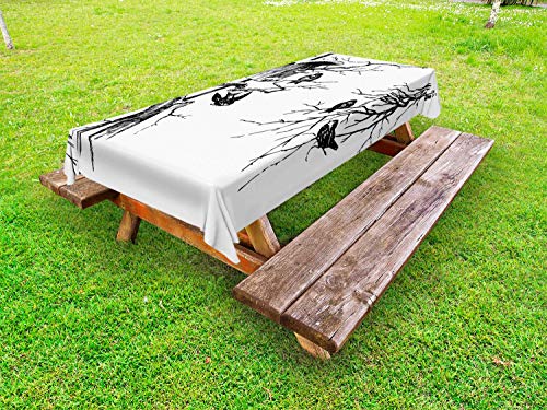 ABAKUHAUS Birdhouse Tovaglia da Esterno, Nido di passeri, Tovaglia da Picnic Lavabile Decorativa, 145 cm x 305 cm, Bianco e Charcoal Grey