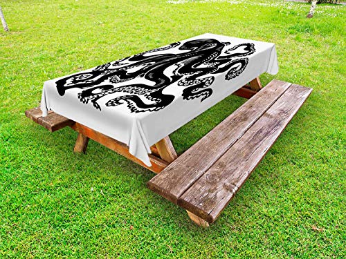 ABAKUHAUS Polpo Tovaglia da Esterno, Monochrome Animal Sketch, Tovaglia da Picnic Lavabile Decorativa, 145 cm x 265 cm, Bianco e Charcoal Grey