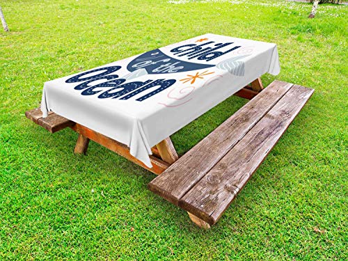 ABAKUHAUS Detto Tovaglia da Esterno, Child of The Ocean Fish Motif, Tovaglia da Picnic Lavabile Decorativa, 145 cm x 305 cm, Dark Blue Bianco