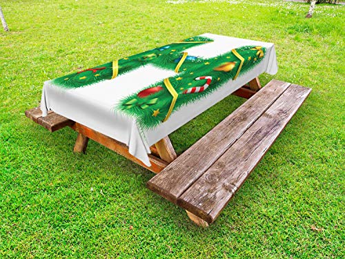 ABAKUHAUS Christmas Alphabet Tovaglia da Esterno, Nastri Baubles, Tovaglia da Picnic Lavabile Decorativa, 145 cm x 305 cm, Bianco Verde Giallo Pallido