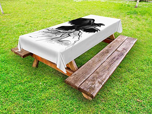 ABAKUHAUS Corvo Nero Tovaglia da Esterno, Uccello Aperte Ali, Tovaglia da Picnic Lavabile Decorativa, 145 cm x 210 cm, Charcoal Grey And White