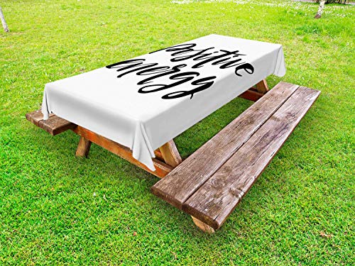 ABAKUHAUS Energia positiva Tovaglia da Esterno, Cursive Vibe, Tovaglia da Picnic Lavabile Decorativa, 145 cm x 210 cm, Charcoal Grey Bianco