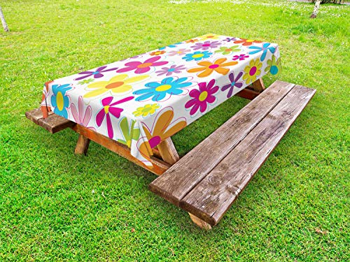 ABAKUHAUS Spring Floral Tovaglia da Esterno, Hippie Fiori Fun, Tovaglia da Picnic Lavabile Decorativa, 145 cm x 210 cm, Bianco e Multicolore