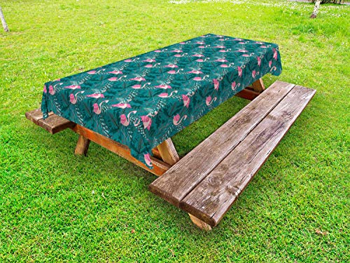 ABAKUHAUS Fenicottero Tovaglia da Esterno, Uccelli Tropicali su Foglie, Tovaglia da Picnic Lavabile Decorativa, 145 cm x 305 cm, Verde Acqua e Rosa